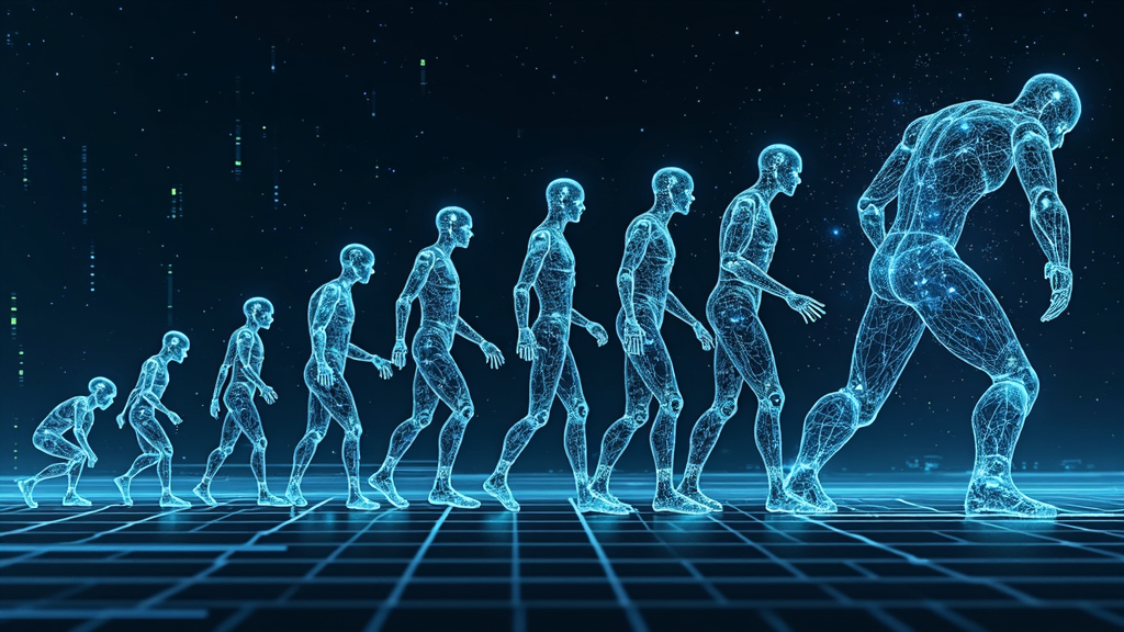 Abstract representation of AI evolution with classic computers, neural networks, and futuristic automation