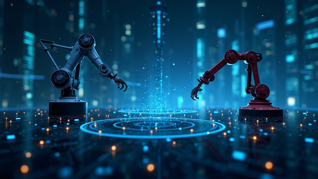 Abstract tech background with automated machinery, robot arms, and digital network patterns