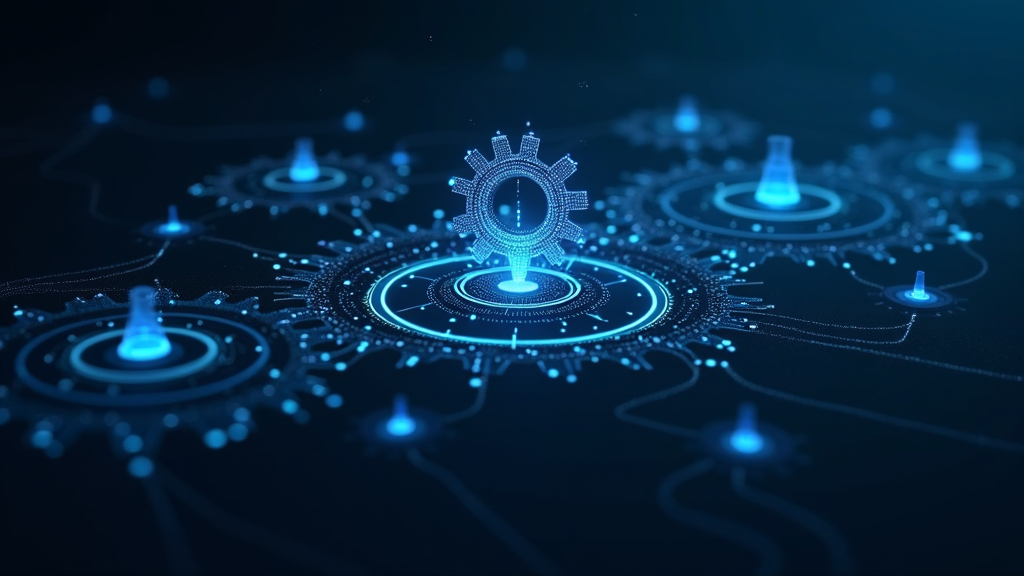 An abstract representation of AI networks and modern business automation with interconnected gears and digital icons