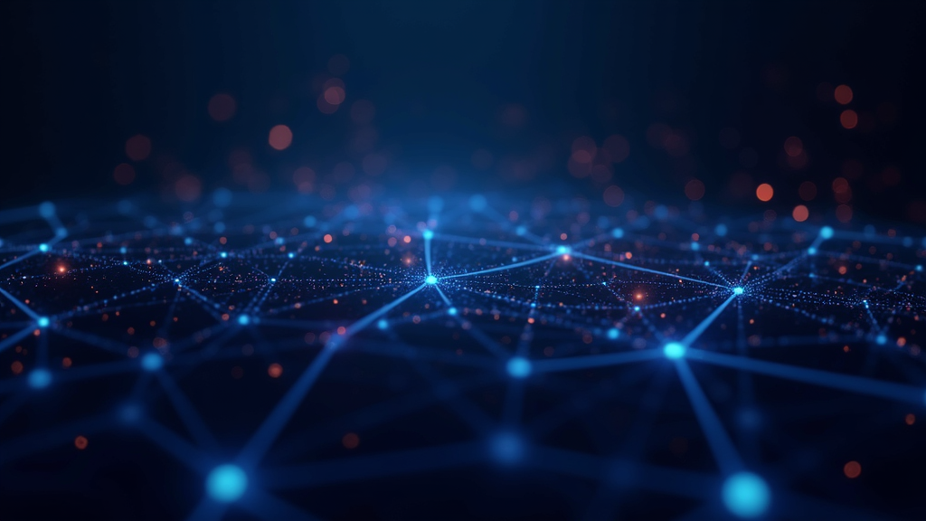 Conceptual illustration of abstract artificial intelligence network with data nodes and digital connections on a blue background