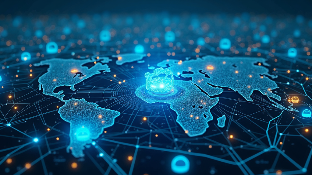 Futuristic illustration of a digital landscape with interconnected AI-powered automated systems managing data and resources across various industries.