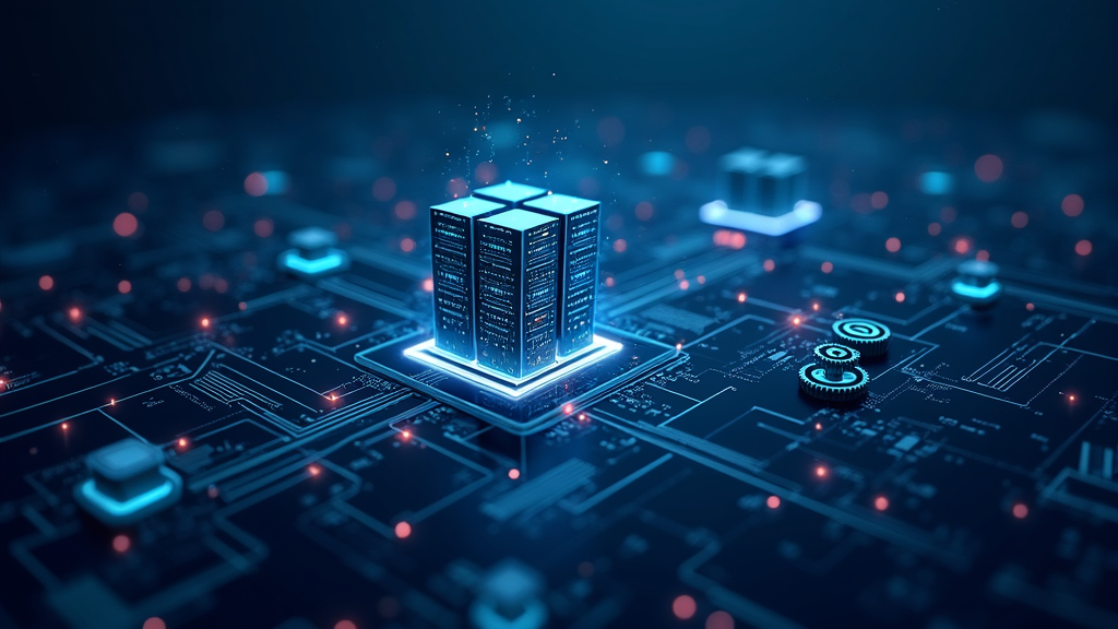 Visualization of AI automation components – servers, gears, and data flows in a futuristic digital background