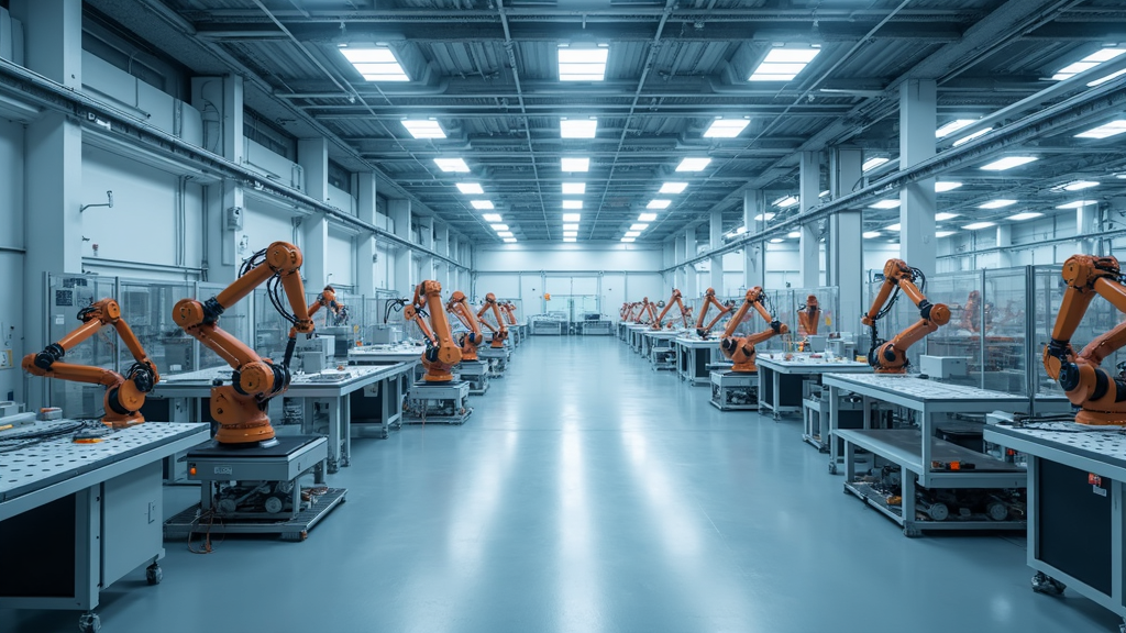 An automated industrial robot arm assembling machinery in a high-tech manufacturing facility