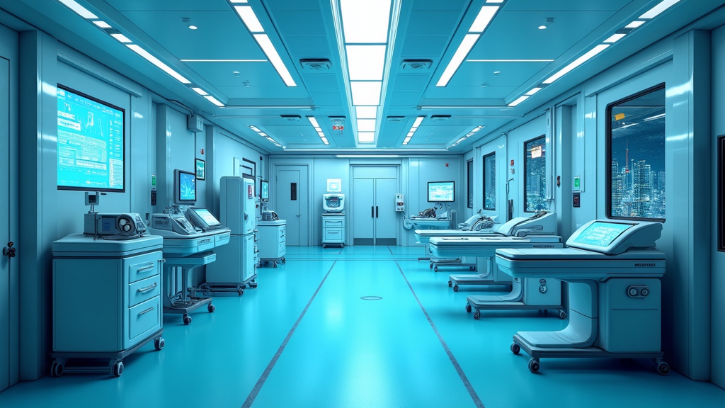 Automated AI systems in a modern hospital environment, displaying data analysis and diagnostic support tools on digital screens